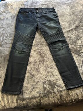 True Religion Rocco Relaxed Skinny Moto Jeans Mens 38 Indigo Denim Ribbed Zipper